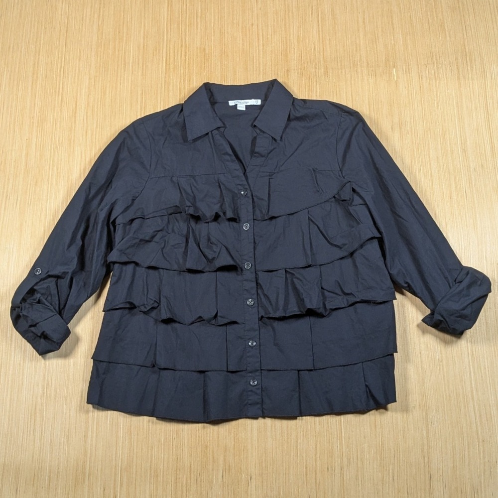 Chico's Blouse Black Ruffle Layered Chic Business Casual Women's 0.5 US 6